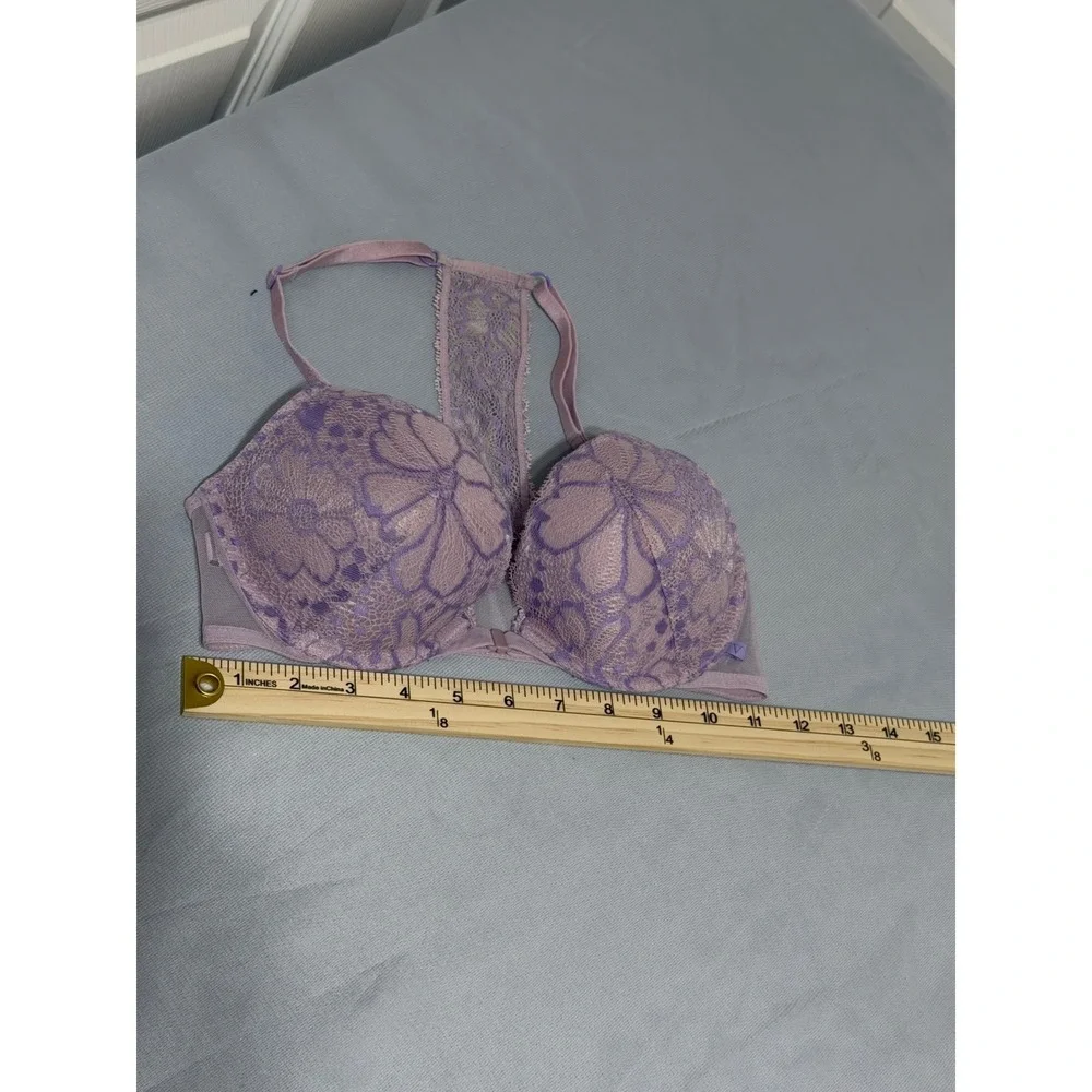 Victorias Secret Push-Up Bra 32C Purple Floral Lace Front Close T-Back